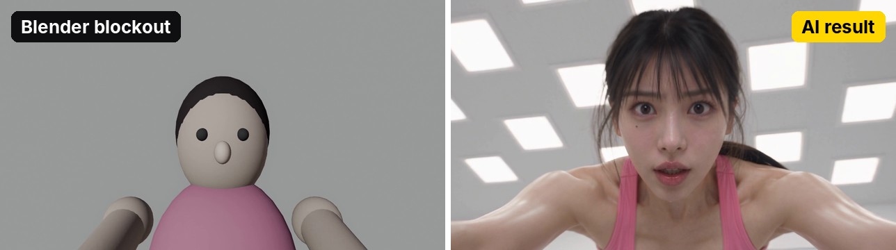 Blender blockout vs AI result: shot 1