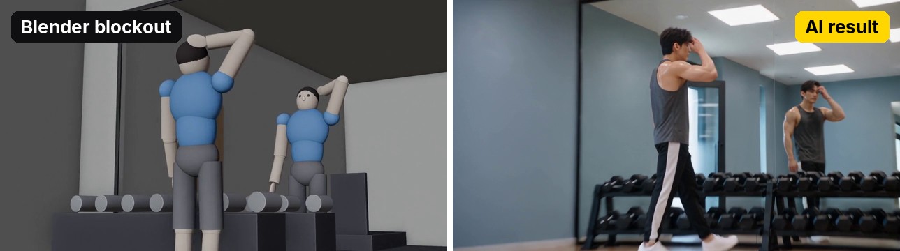 Blender grey mannequins vs realistic AI video: shot 2