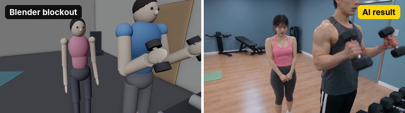 Same camera and timing: Blender blockout vs AI video, shot 3