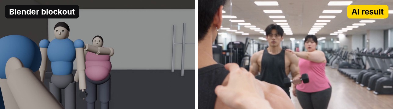 Blender blockout vs AI result: the mirror shot
