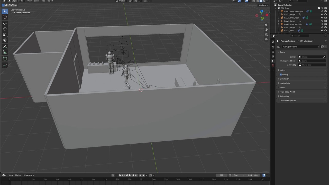 Blender scene blockout of a gym built with simple grey shapes