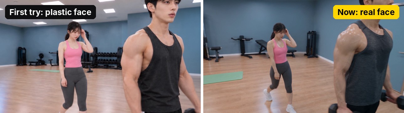 Fake AI face vs realistic AI face: before and after